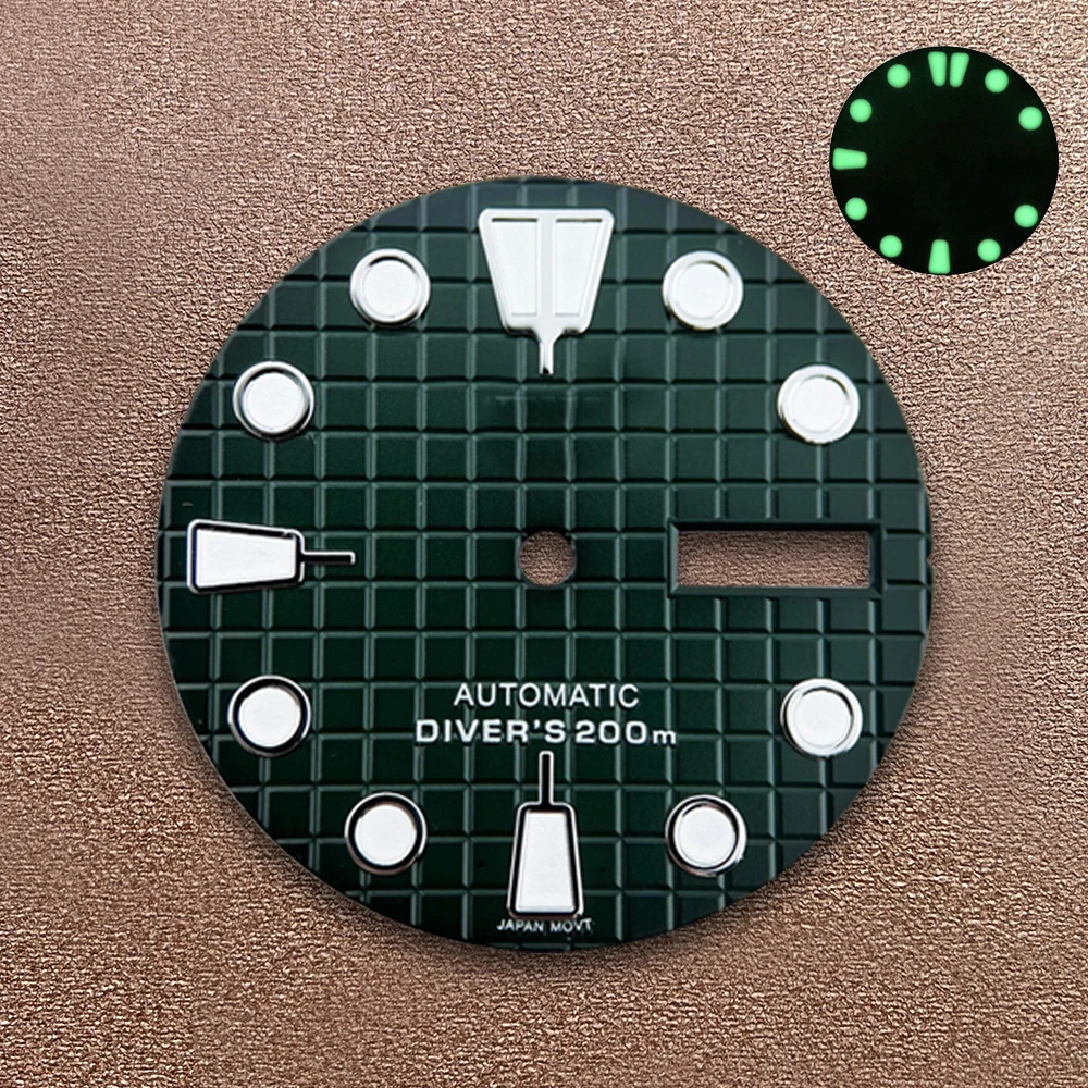 28.5mm S Logo Waffle Dial Fit NH36/4R36 Movement Green Luminous Dual Calendar Watch Modification Accessories