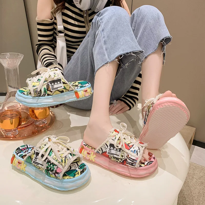 Summer Women Slippers Platform Shoes Mules Flip Flops Street Sandals Bear Sneakers Modern Slippers Flat Casual Shoes For Female