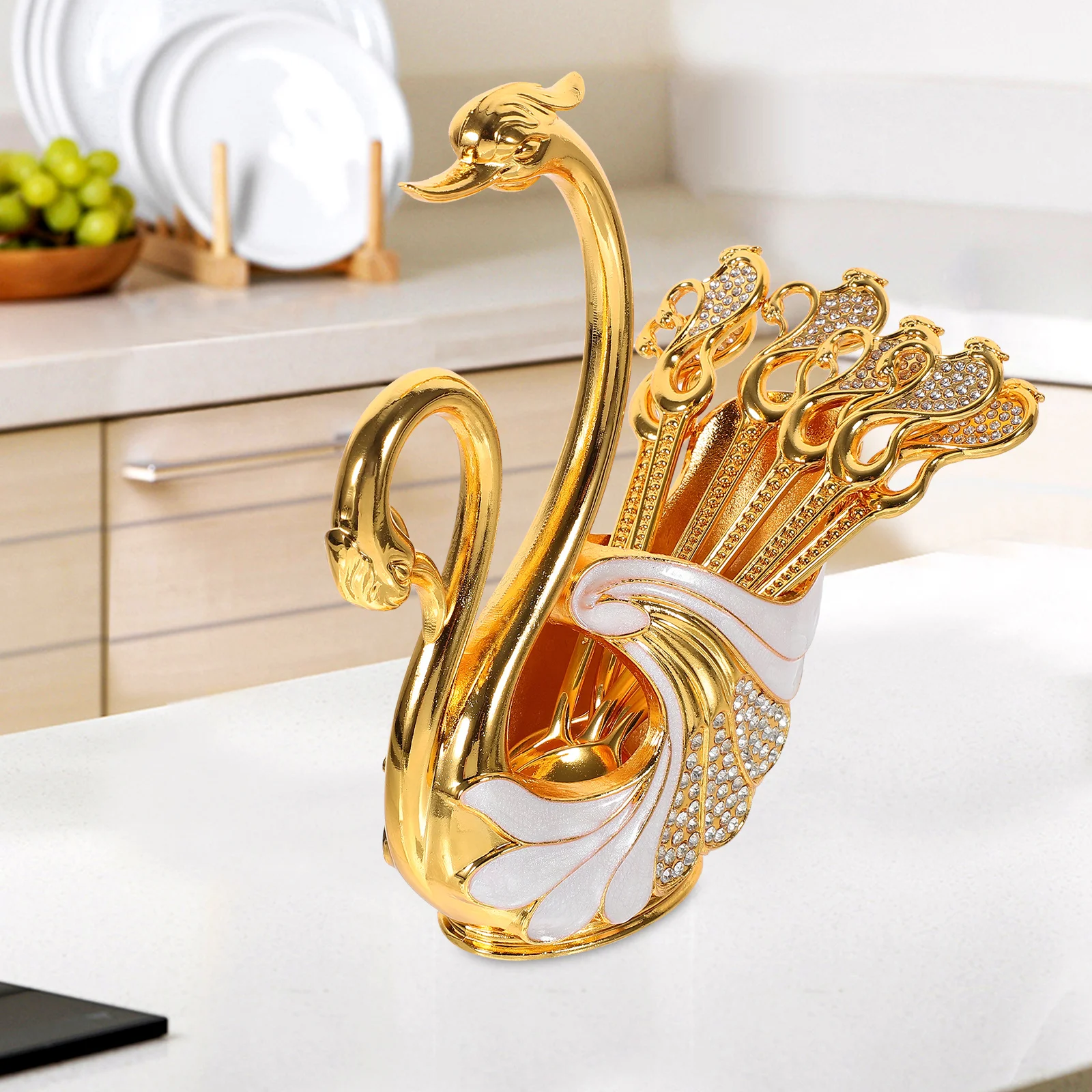 

1Set Metal Swans Base Spoon Holder Set for Coffee Dessert Serving Kitchen Utensil Organization Stylish Table Decoration