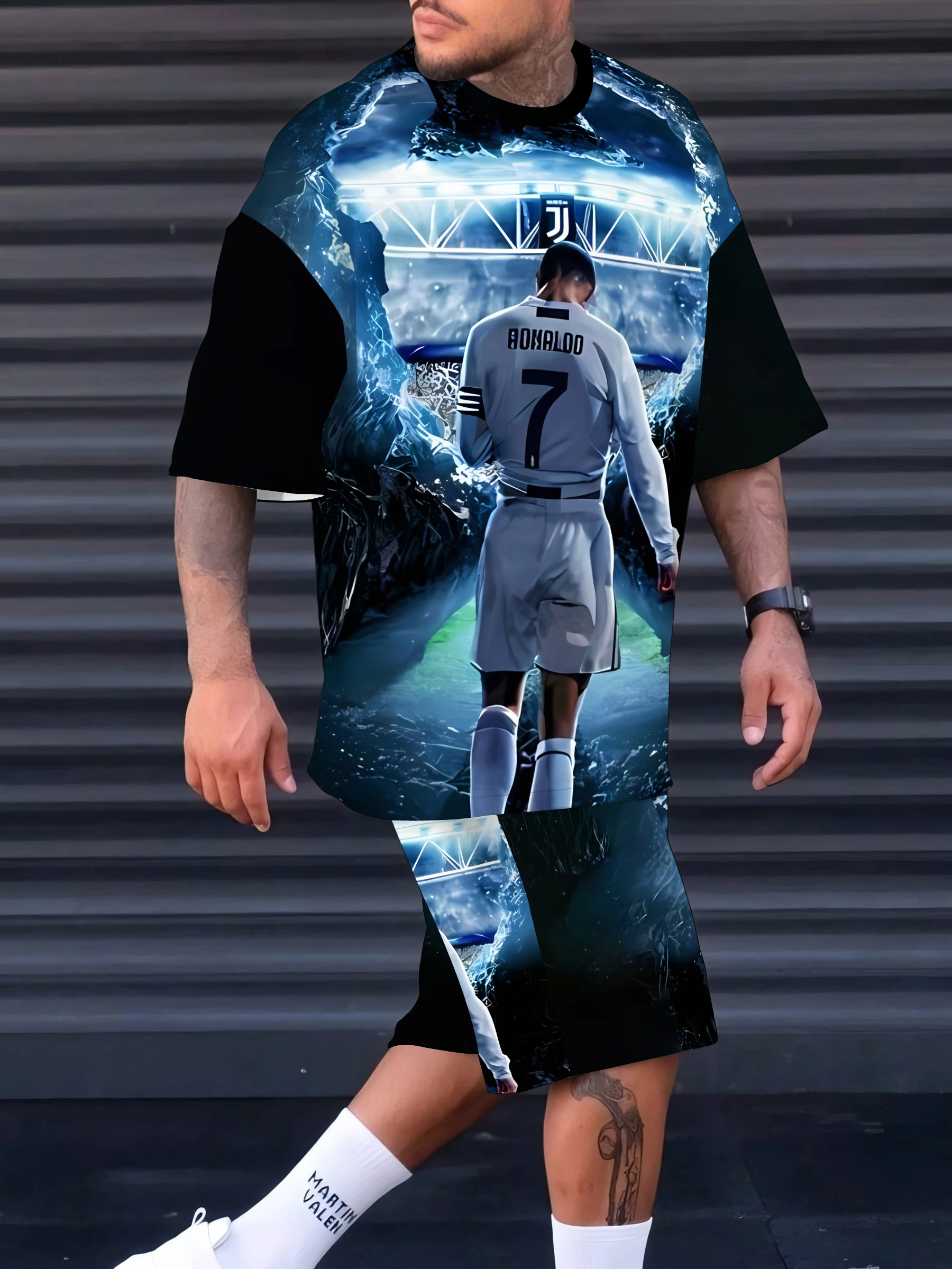 Set kaus sepak bola modis pria baru musim panas 2025 pakaian olahraga kasual dan modis bermotif 3D