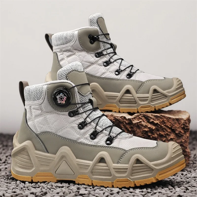 

Autumn Winter Khaki Men's Motorcycle Boots Rotating Lacing Ankle Boots MenWearable Platform Outdoor Boots For Man botas hombre