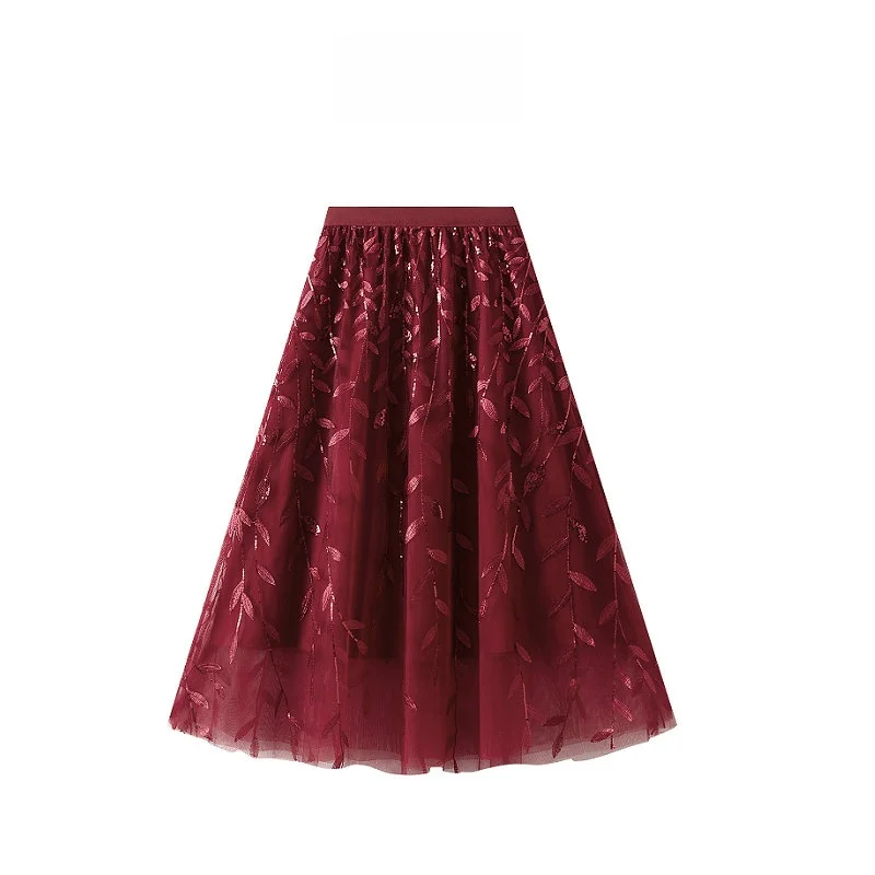 

iny Sequin Le Embroidered Long A-Line Skirt Flowy Oversized Me Fairy Skirt Sweet Sle mid Waist Polyester Casual