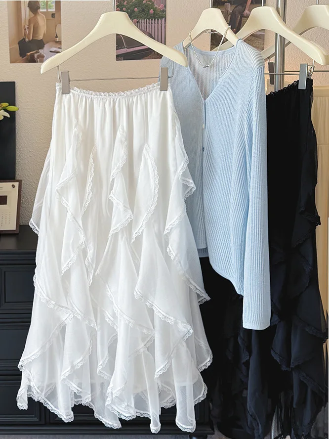 Silk Tassel Trim Skirt Women's Heavy Embellished Lace  Long Gown Draping Lightweight Simplicity Cake Skirt Loose Fit