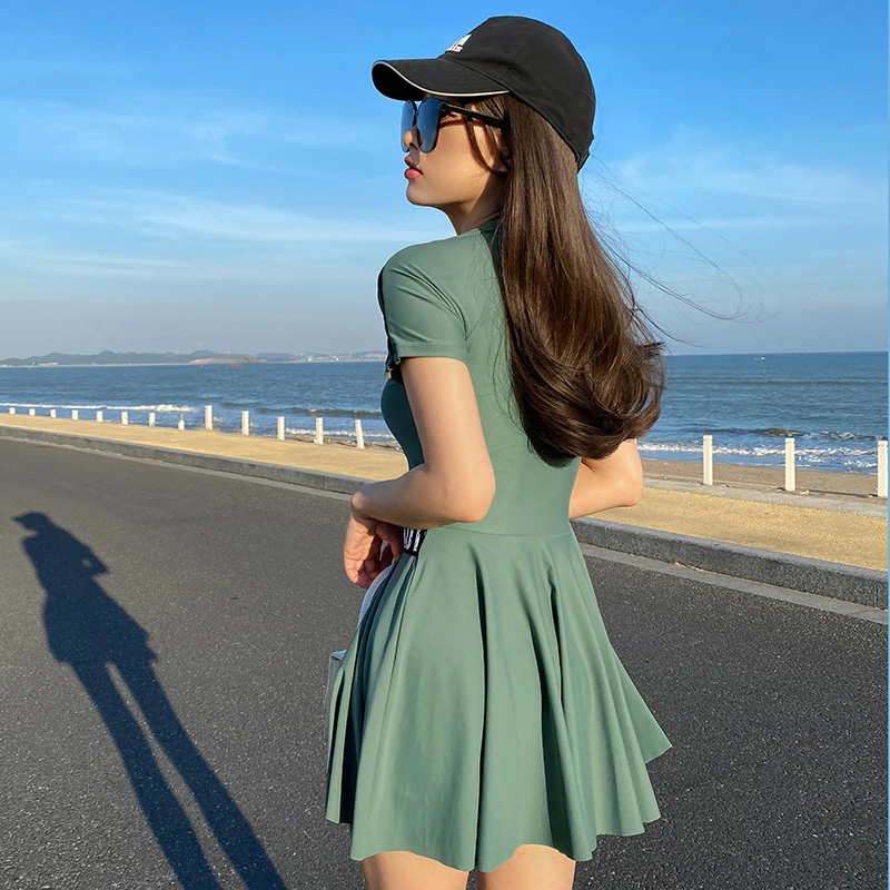Large Size Swimwear Women Two Piece Swimsuit With Skirt Short Sleeve Swimming Suit Boxer Bottom Beachwear Hot Spring Clothes