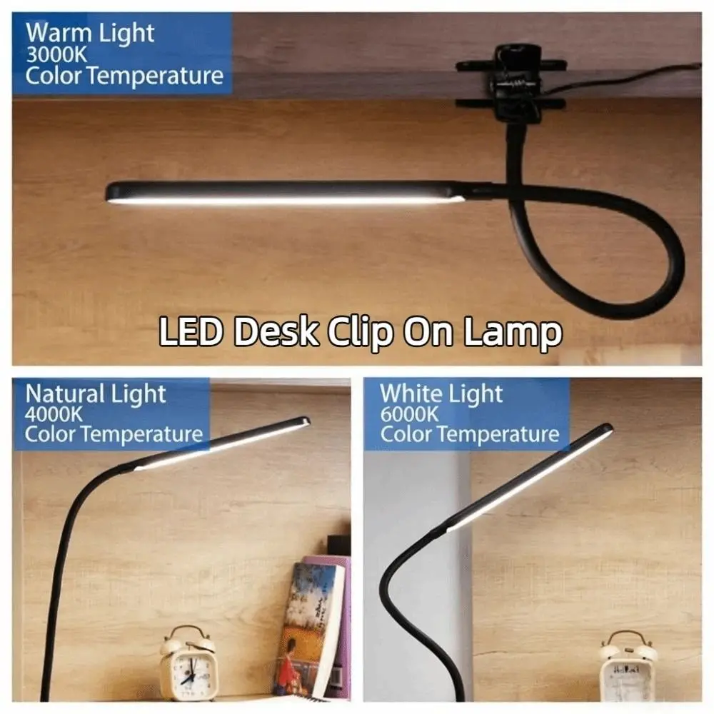 

Adjustable LED Desk Clip On Lamp 3 Colors Light 360° Rotate Reading Light with Clamp 10 Brightness Eye Protection