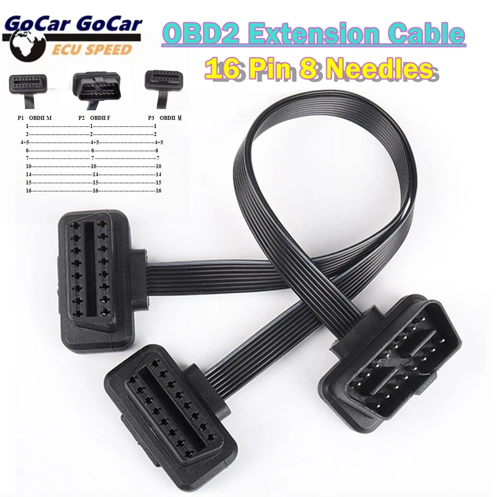 

Newest Dual Female Y Splitter Elbow 16Pin OBD 2 Extender ODB OBD2 Cable 16 Pin Male To Female Flat Noodle OBD2 Extension Cable