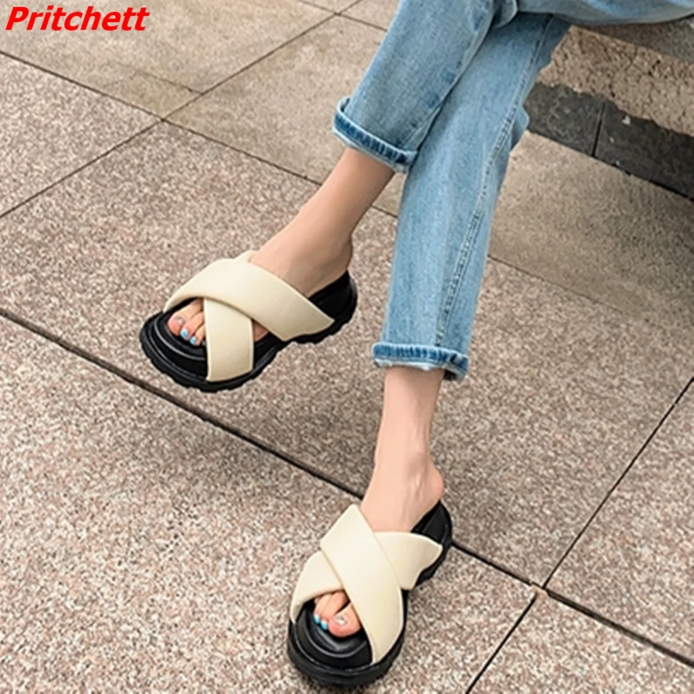 

Solid Summer Leather Cross Tied Slippers Women's Open Toe Slingback Slip On Height Increasing 4.5Cm 2024 Casual Fashion Slides