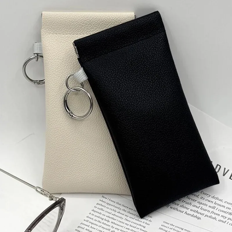 Automatic Closing Sunglasses Pouch PU Leather Glasses Storage Bag with Keychain Portable Soft Eye Wear Case Self Closing Squeeze
