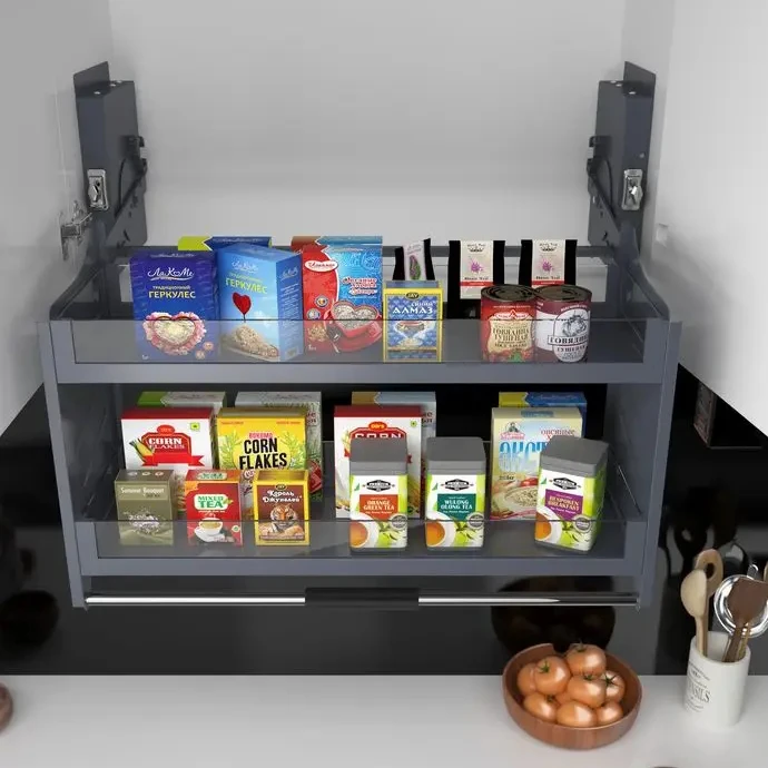 

Kitchen Storage Glass Shelf Seasoning Lift Basket Lift Pantry Basket Soft Close Pull Down Kitchen Cabinet