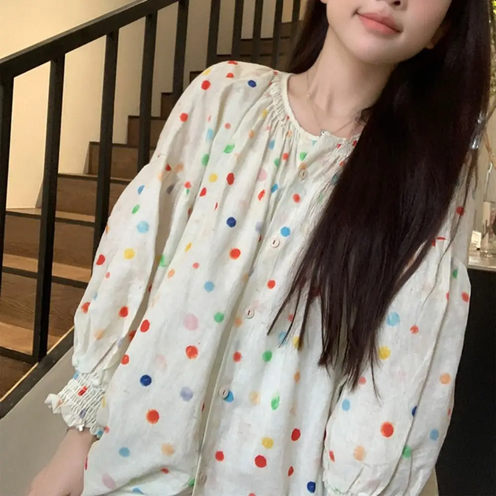 레트로 스위트 컬러풀 도트 블라우스 루즈 캐주얼 긴팔 셔츠 얇은 인스 플리츠 셔츠 탑 봄 가을