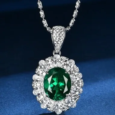 

New S925 silver egg shaped 9 * 12 Colombian cultivated emerald 6-carat pendant necklace pendant wedding jewelry