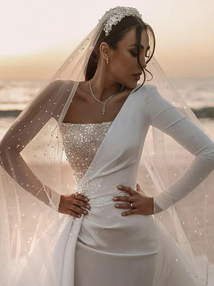 Flavinke personalizado sirena manga larga Dubai árabe Medio Oriente cremallera trasera vestidos de novia vestidos lentejuelas perlas satén