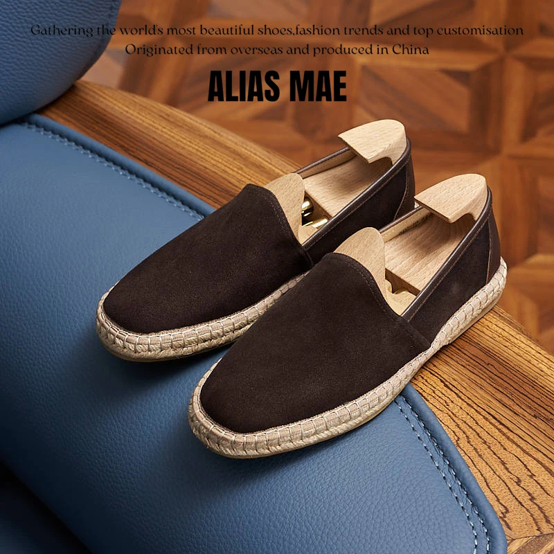 Alpargatas artesanales para hombre, mocasines de verano de cuero de gamuza, transpirables, de lino y tejido de paja, informales, sin cordones, zapatos planos, mocasines suaves.