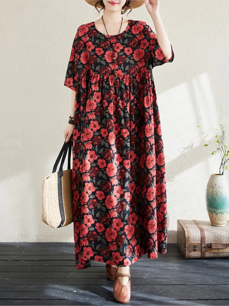 Oversized Flower Floral Print Summer Long Dress Women Short Sleeve Loose Modis Ruffle Pleated Ladies Dresses Casual Woman Dress