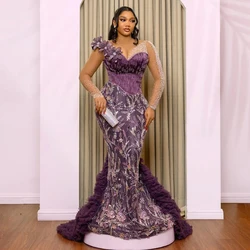 Gorgeous Embroidered Flower African Evening Dresses Plus Size African Beaded Prom Dress Purple Aso Ebi Wedding Party Gowns 2024