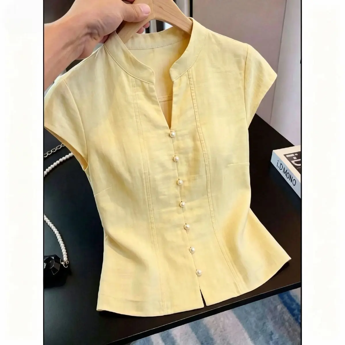 

Elegant Pearl Button Short Sleeve Shirt Women's Slim Fit Stand Collar Summer Fashion Sweet Stylish Design Shirt