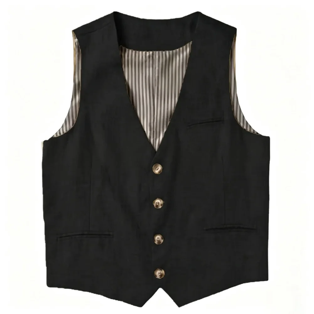 Chaleco de Lino Beige para Hombre, Cuello en V, Verano, Cierre de un Botón, Ligero, Chaleco de Traje para Hombre