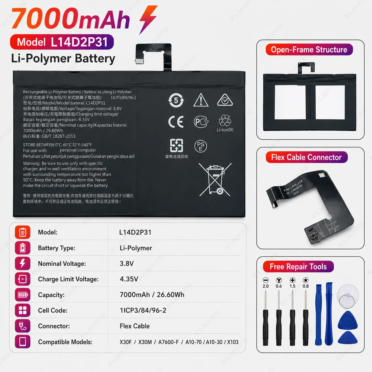 Replacement Battery 7000mAh L14D2P31 For Lenovo Tab 2 A7600-F A10-70F Tab2 A10-70 A10-70L Battery
