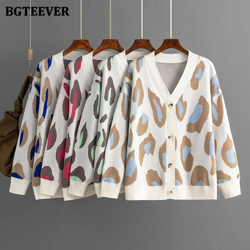 BGTEEVER Stylish Loose Leopard Women Open Stitch Sweaters Elegant V-neck Long Sleeve Female Knitted Cardigans