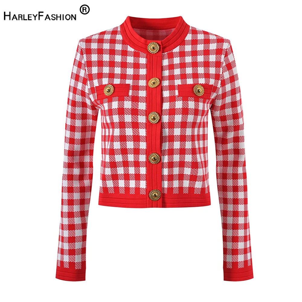 

Romantic French High Street Lady Chic Slim Fit Knitting Women Cardigans Sweaters Plaid Pattern All-matched Tops