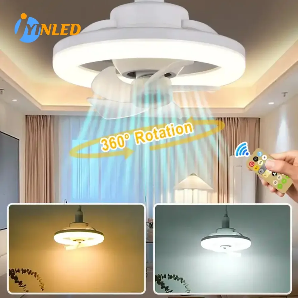 

360 Rotating Ceiling Fan Light E27 Intelligent Fan with Remote Control Led Fan Light for Living Room Bedroom Top Light