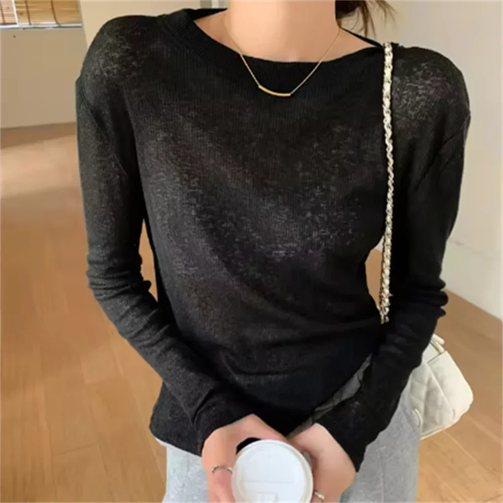 2025 Spring Summer New French Style Ladies Loose Top Hollow-out Sweater Round Neck T-shirt Long Sleeve Fashion Women's Pullover
