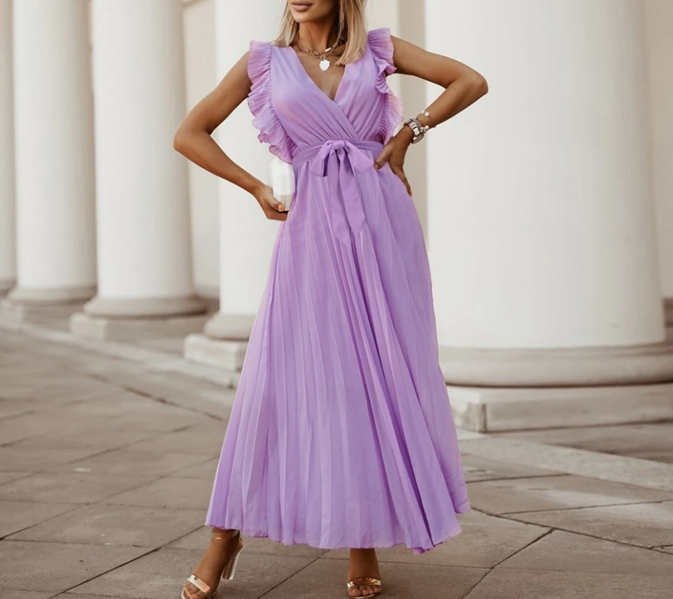 

Elegant Style 2024 Summer Long Skirt Women's V-Neck Fashion Slim Fit Sexy Lotus Sleeve Chiffon Pleated Dress Solid Color Dress