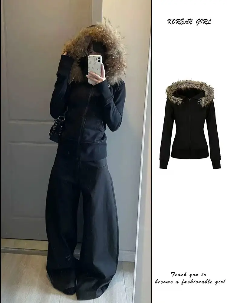 American Style Short Hooded Fleece Lined Thickened Women's Sweatshirt Coat Black Fur Collar Slim Fit Autumn Winter Outerwear