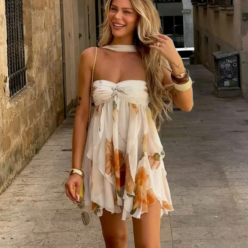 Vestido de Verano para Mujer, Estilo Vacacional de Playa, Diseño Irregular con Borde de Copo de Nieve, Espalda Descubierta, C...