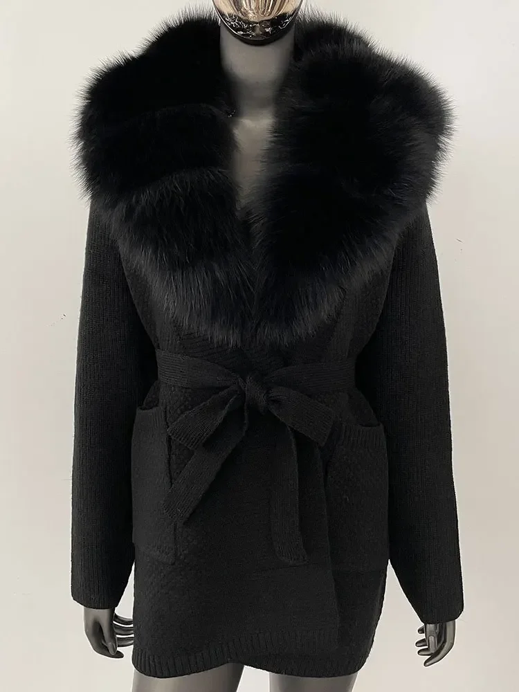 2025 Spring Autumn Natural Fox Fur Sweater Belt Knitted Oversized Knitted Cardigan Women Solid Real Fur Knitwear Female