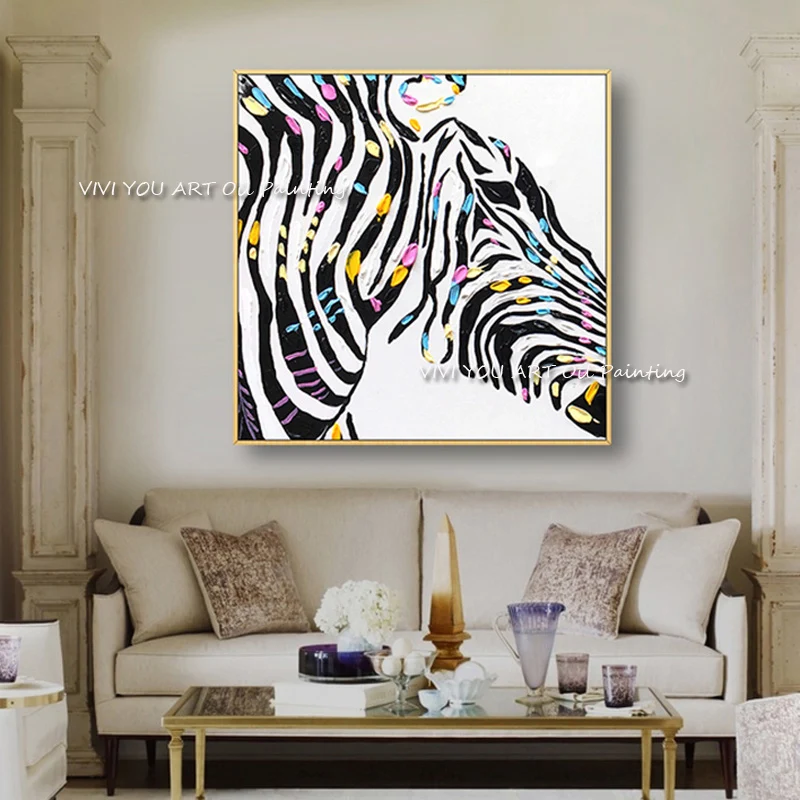 Pop Art Zebra Oil Painting Hand Painted Colorful Drip Texture Canvas Wall Art Modern Abstract Animal Living Room Office Decor