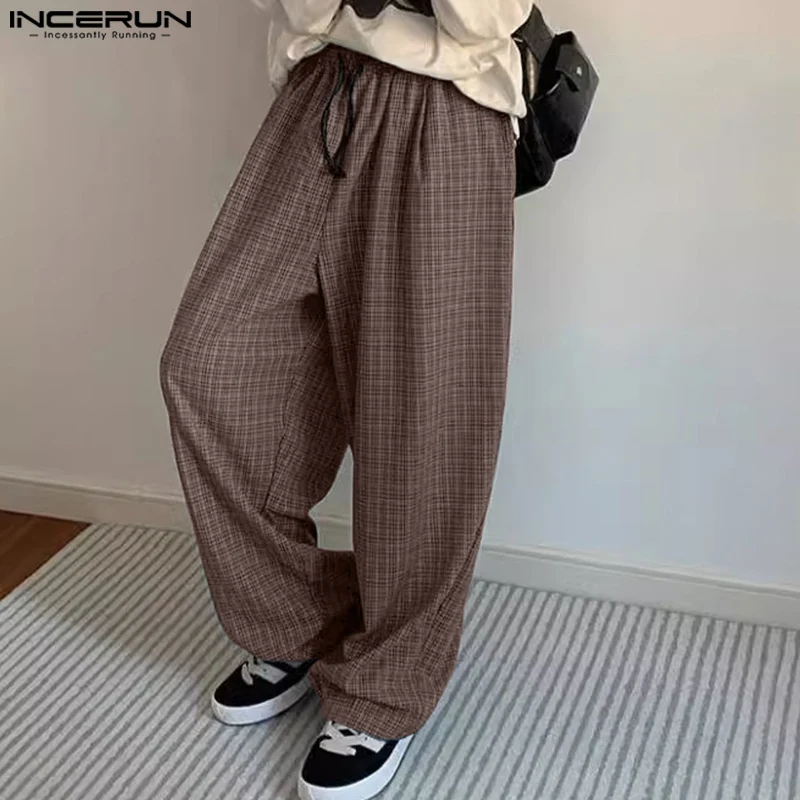 

INCERUN 2024 Korean Style New Men's Trousers Casual Plaid Loose Long Pants Stylish Streetwear Male Straight Leg Pantalons S-5XL