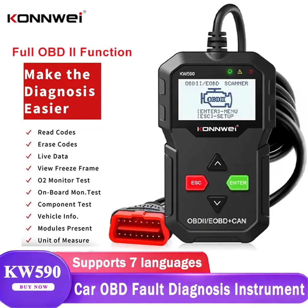 

Новинка 2023 года KONNWEI KW590 OBD2 сканер считыватель автомобильных кодов OBDII диагностический инструмент четкий код неисправности поддержка нескольких брендов автомобилей и языков