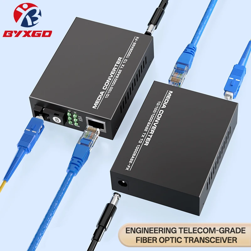 BYXGD SC Fiber Media Converter 1 Pair Adaptive Gigabit 10/100/1000Mbps Single Mode 25KM SC Port POE GSM Lightning Protection