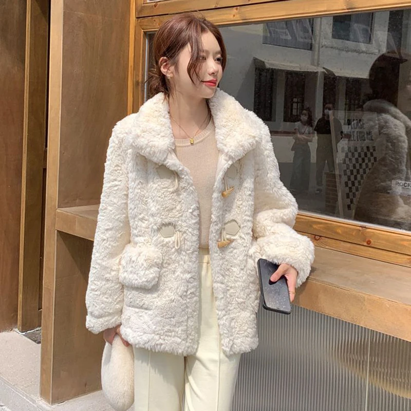 Beige Horn Buttons Faux Fur Coat Women 2024 Winter Long Sleeve Lamb Wool Jacket Woman Korean Fashion Thicken Warm Outwear Female