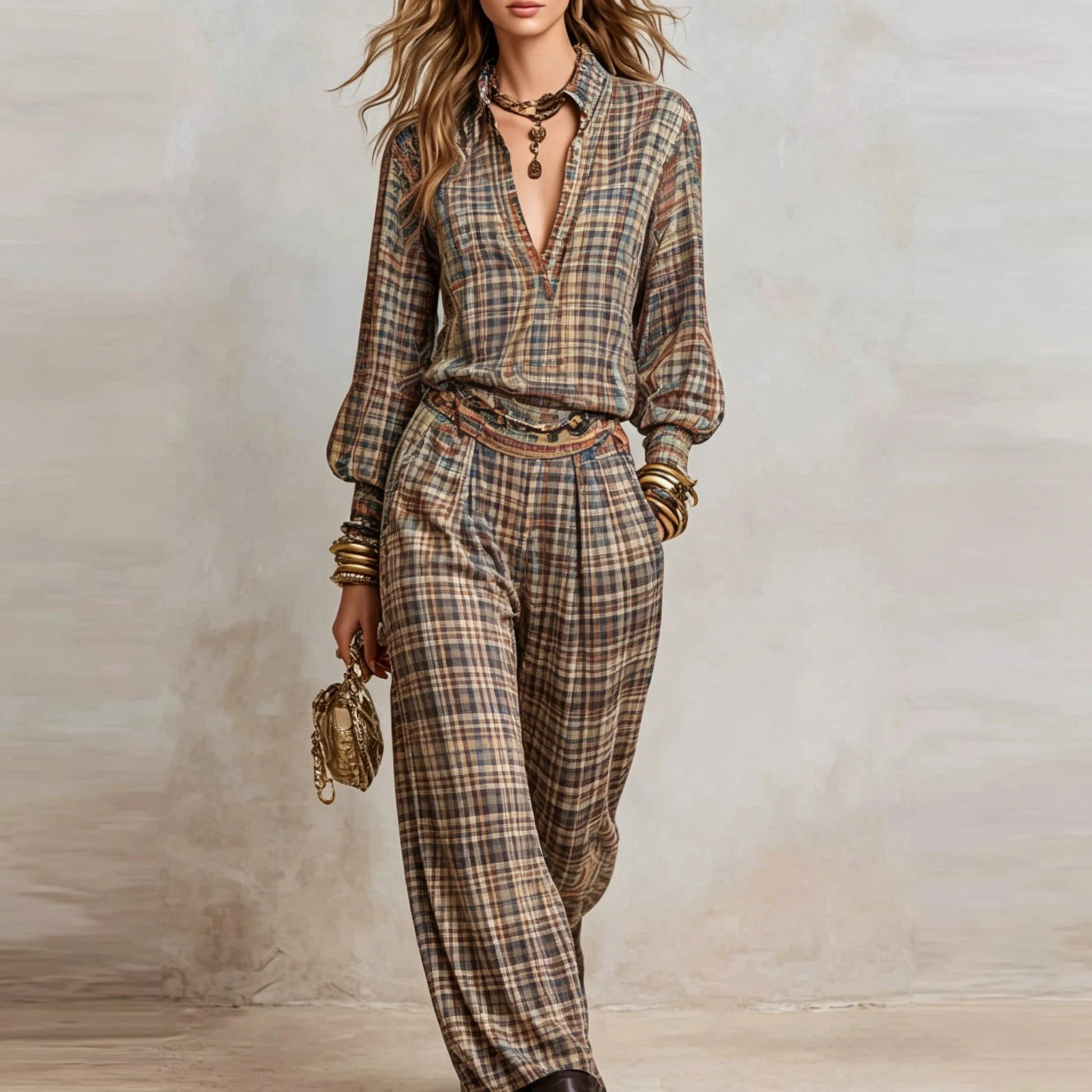 

Women's Vintage Plaid Tartan Print Two-Piece Set V-Neck Long Sleeve Blouse Top Wide Leg Pants Casual Loose Suit for Vacation Set