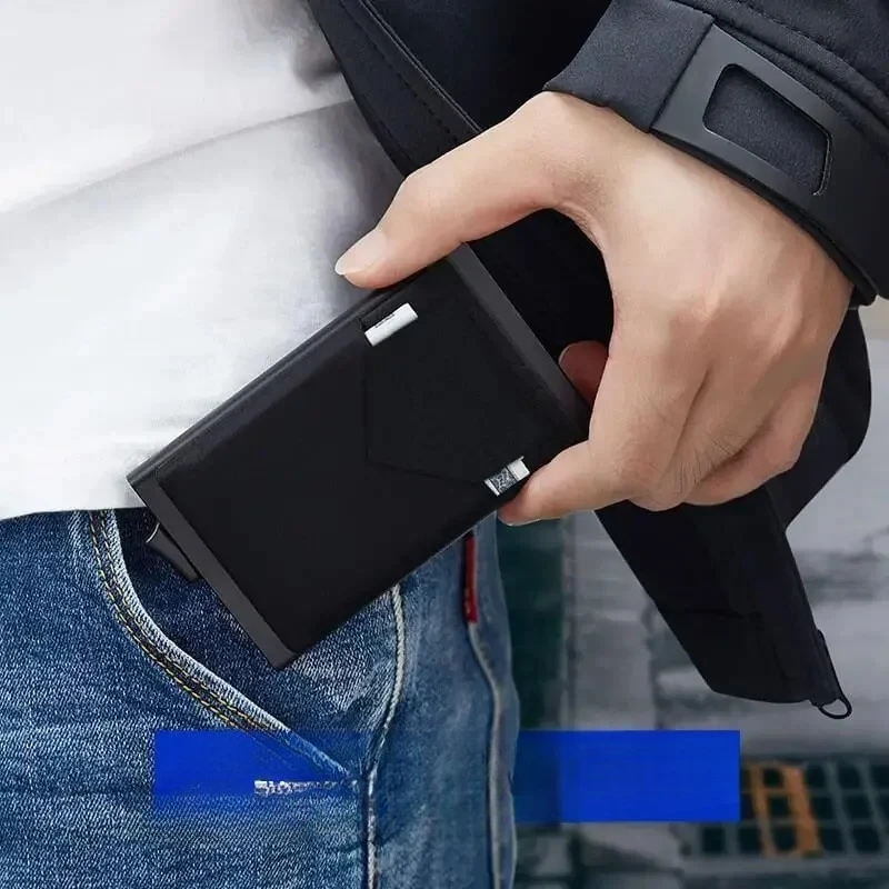 Dompet Kartu Kredit Minimalis Pintar dari Aluminium Logam Tipis dengan Fitur Pop-up untuk Pria, Tempat Kartu Kredit