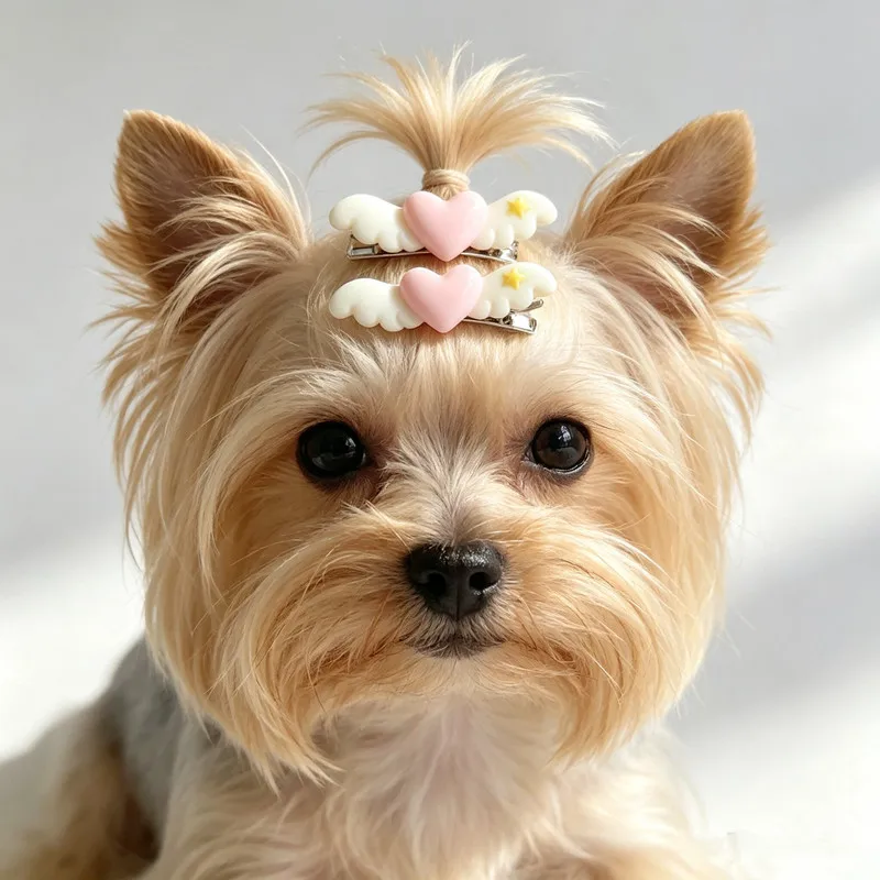 Sweet Pink Heart Pet Hair Barrettes, Cartoon Wing Design Dog Hair Clips, Adorable Accessories for Pet Grooming