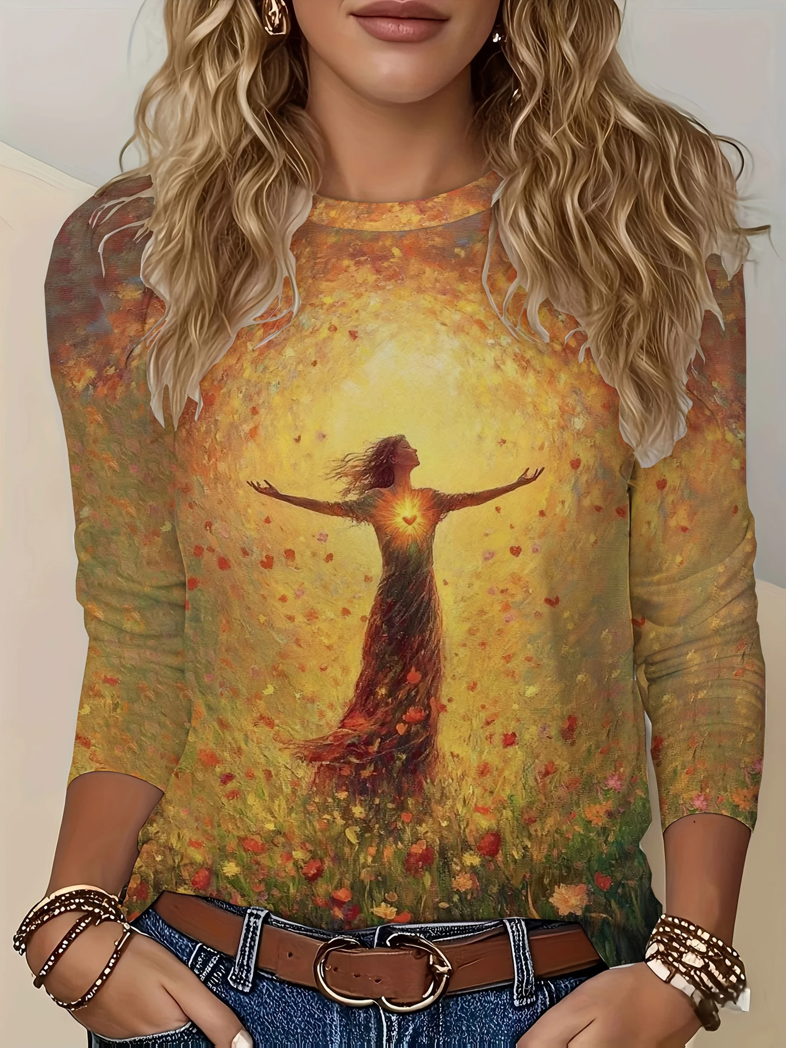 Women's Long Sleeve T-Shirt, Artistic Print Of Woman With Open Arms In Golden Field With Floating Petals And Warm Sunset Glow, All-Winter Holiday Style Top Suitable For Leisure And Sports Scenarios