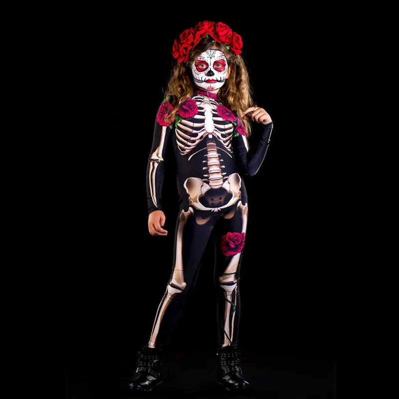 2026 Mädchen Jungen Gothic Geisterbraut Cosplay-Set Skelett-Rosen-Print Bodysuit für Kinder Halloween Karneval Kostüm-Party – Detail 9