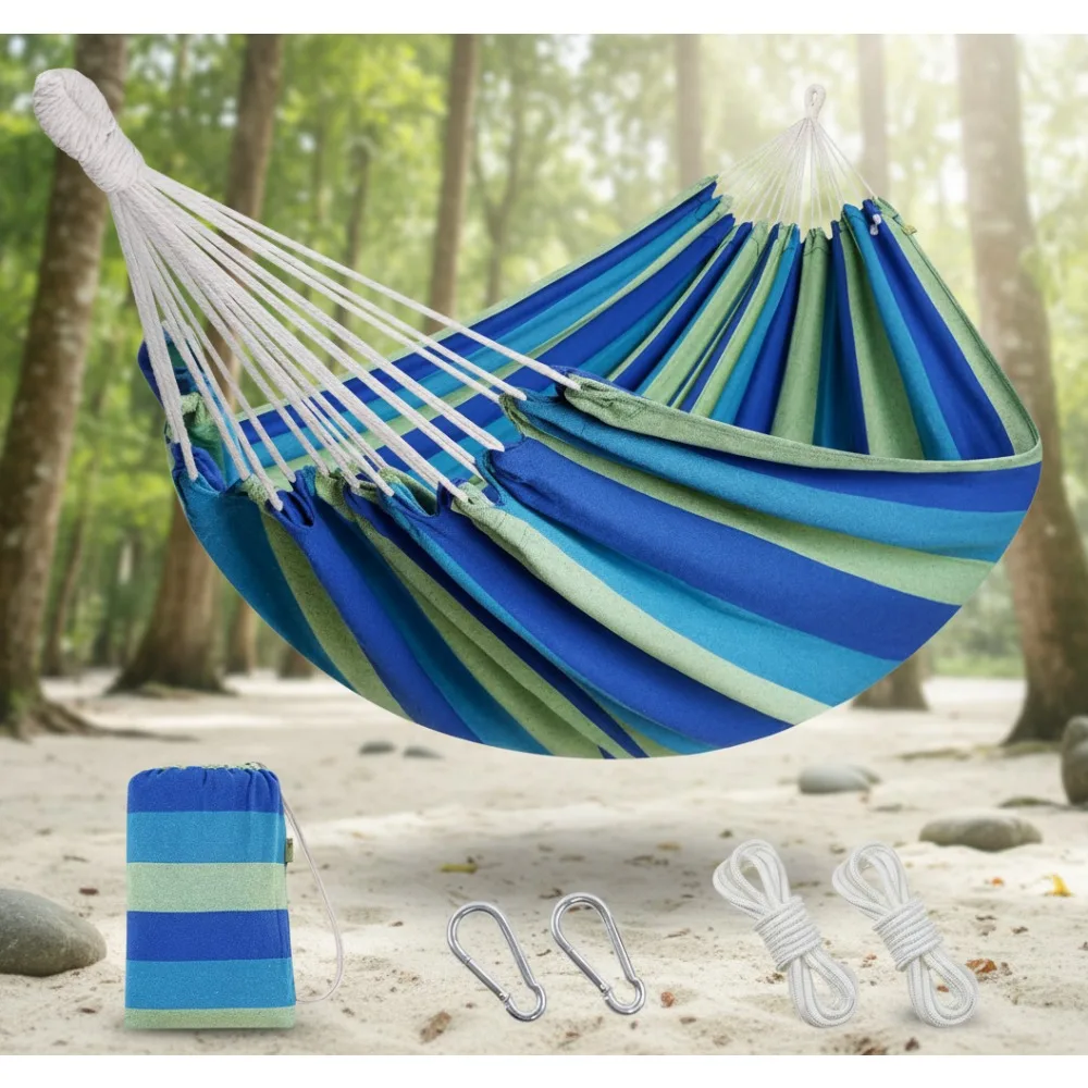 

2 Person Cotton Hammock - Portable Outdoor Indoor Bed for Camping, Patio, Backyard with Carrying Bag