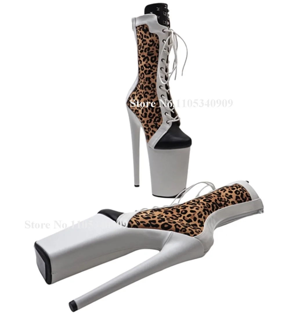 Bondarenko Leopard Patchwork White Leather Stiletto Heel Short Boots Round Toe Lace-up High Platform Thin Heel Dance Shoes