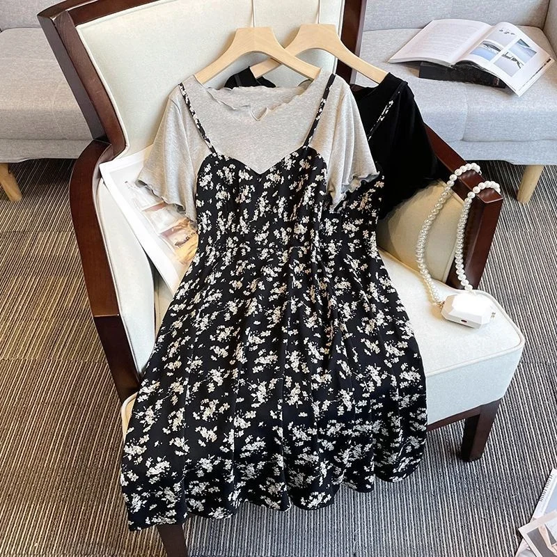 

Женское платье больших размеров с цветочным принтом, имитация двух частей, свободное, средней длины, летнее, повседневное, в корейском стиле, А-силуэт