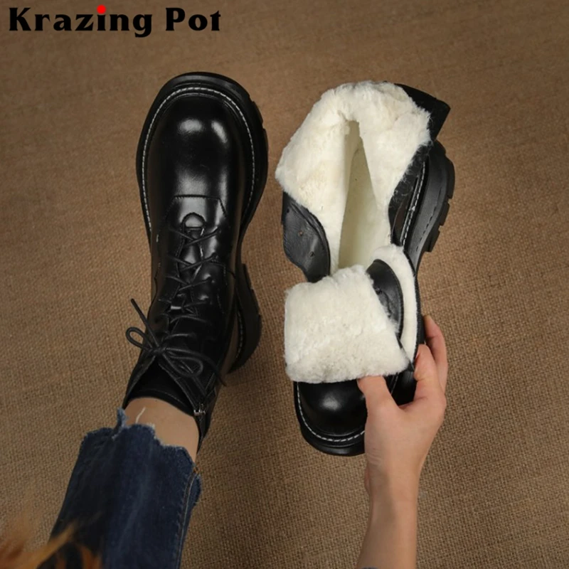 

Krazing Pot Cold Resistan Wool Winter Keep Warm Snow Boots Genuine Leather Thick Heels Platform Classics Big Size Ankle Boots