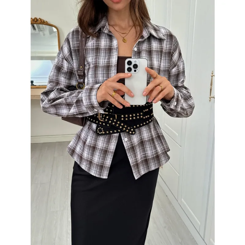 

Women's Casual Plaid Lapel Waisted Long Sleeve Button-Down Shirt Comfortable Top