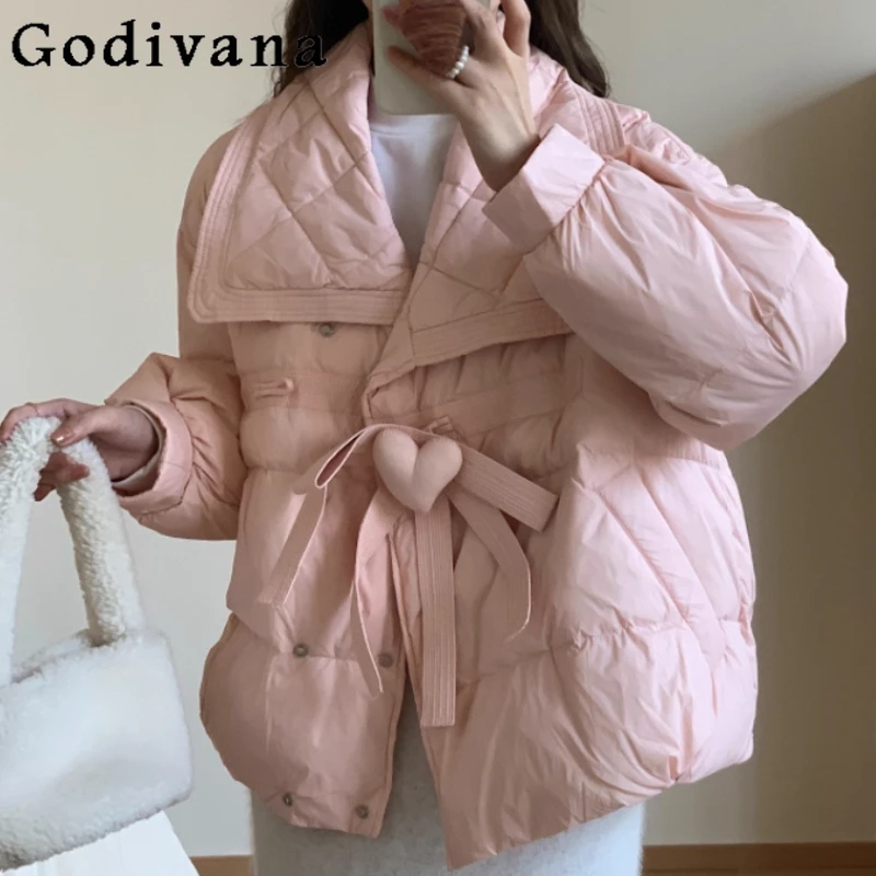 

Autumn Winter Heart Shape Sweet Peter Pan Collar Women White Down Jacket Fashion Age Reduction Loose Long Sleeve Thickened Coat