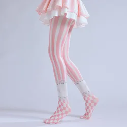 Cute Sweet Lolita Style Women Pantyhose Pink Vertical Striped Chessboard Grid Printing Hottie Sexy Stretch Tights