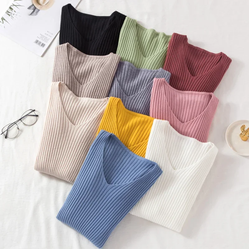 Otoño Invierno mujeres suéteres Casual de manga larga de punto cuello en V suéter mujer básico sólido Jersey Tops ropa de moda