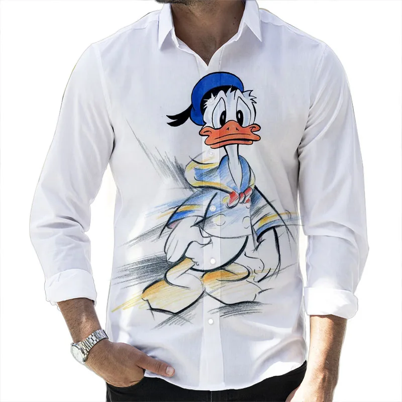 Street Style Donald Duck Cartoon 2024 Spring Harajuku New Fashion Casual 3D Printed Long Sleeve Lapel Shirt Slim Men\'s Top