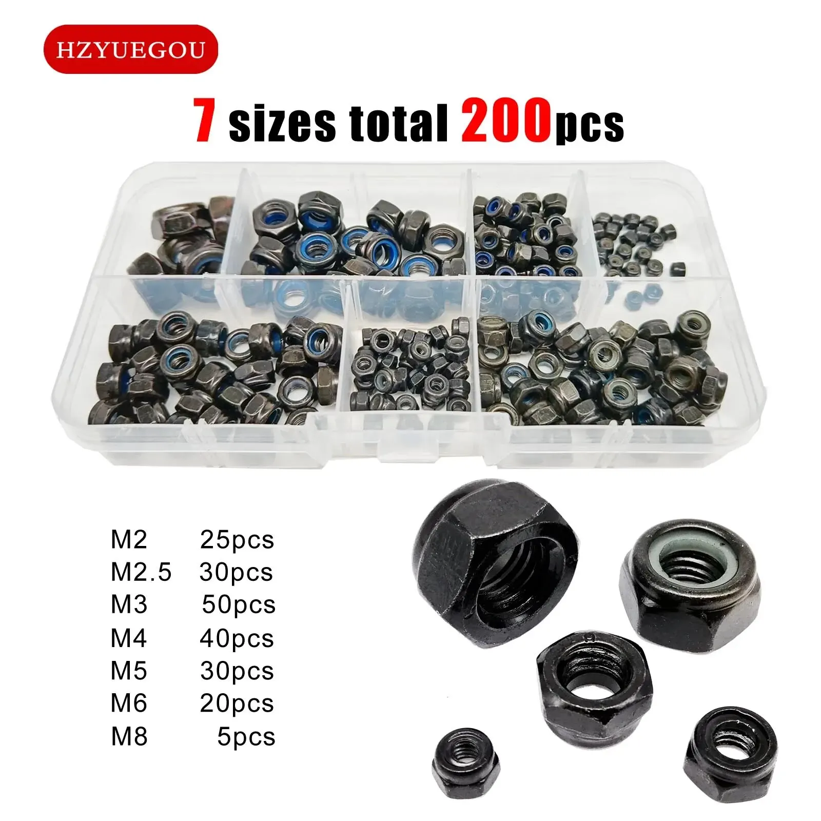 200pcs DIN985 Hexagon Nylon Insert Self Locking Nut Nylock Locknut Assortment Kit Set M2 M2.5 M3 M4 M5 M6 M8 Black Carbon Steel